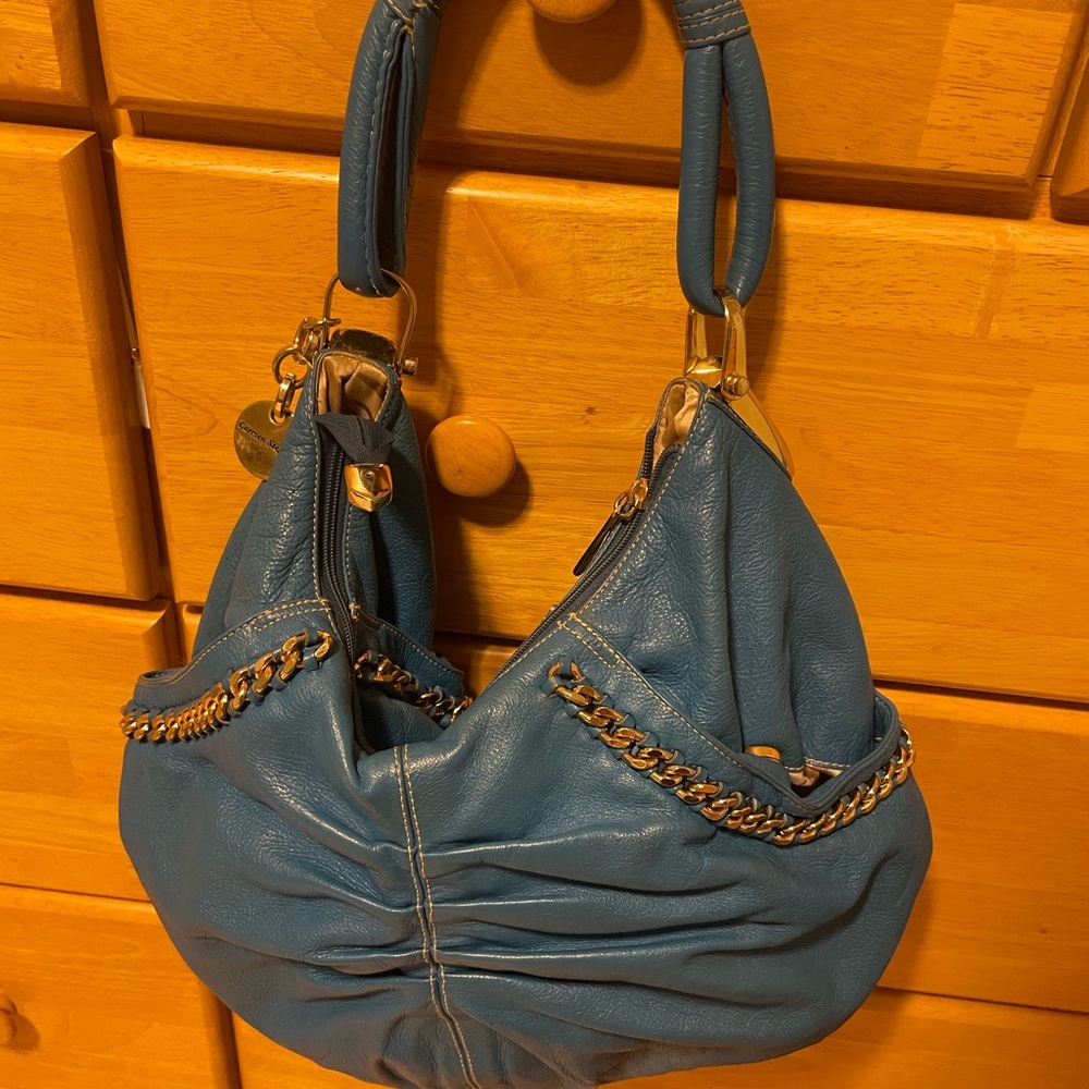 Slouchy Blue Hobo Bag with Chain Accents